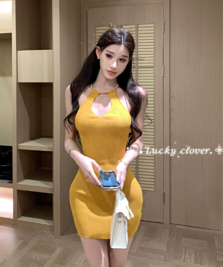 얼음 차가운 실크 워시 물 니트 여성 행침 목 여름 섹시함 홀로우 아웃 핫걸 순수한 욕망 몸매 가꾸기 니트 타이트 스커트 미니 스커트
