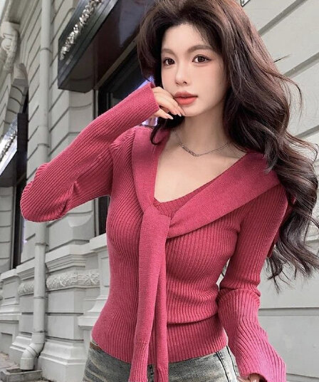 앤디 플러시 워시 물 학원 스타일 숄 V넥 니트 스웨터 여성 봄 여름 달콤함 맨위 기본 셔츠