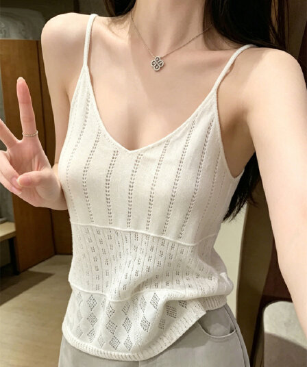 달콤한 스타일 화이트 홀로우 아웃 슬림해 보이는 캐미솔 여름 다용도 섹시함 캐주얼 민소매 맨위