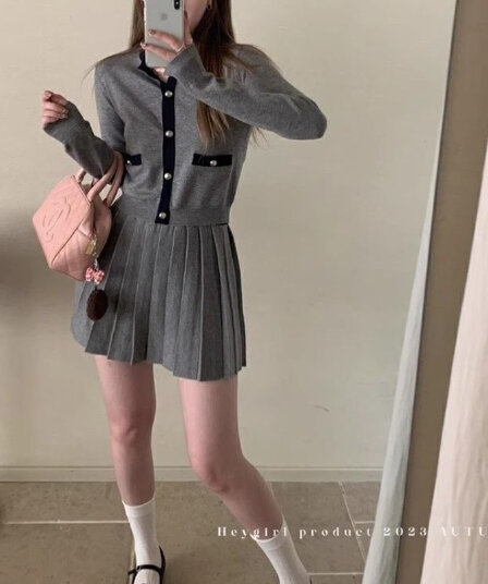 miu 부서 천 골드 한 부서 절묘한 세트 여성 이른 가을 니트 오픈 가디건 플리츠 스커트 투피스 세트