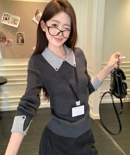 패키지 코어 실 한 부서 학원 스타일 배색 폴로 칼라 니트 스웨터 여성 가을 겨울 새로운 몸매 가꾸기 긴팔 기본 셔츠