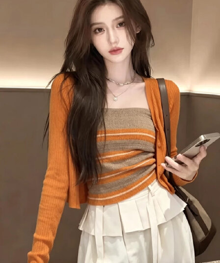 대나무 마디 마 워시 물 튜브탑 긴팔 니트 오픈 가디건 여성 여름 새로운 순수한 욕망 바람 투피스 세트
