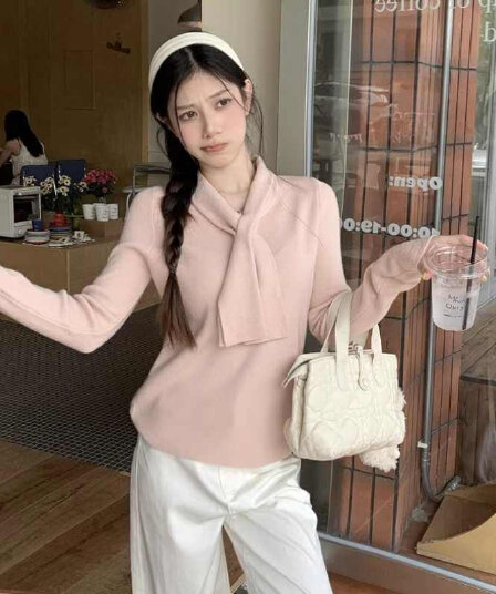 한 부서 리본 스카프 칼라 V넥 니트 스웨터 여성 가을 겨울 인사이드 가져 가라. 부드러운 기본 셔츠 몸매 가꾸기 외국 가스 고유 한 맨위