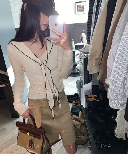 가을 겨울철 새로운 프랑스식 느슨함 센스 해군 칼라 니트 스웨터 여성 패션 다용도 몸매 가꾸기 맨위