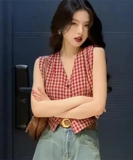 원본 컬러 짜임 그리드 항구 바람 착용 가져 가라. 레트로 V넥 민소매 체크무늬 여성 셔츠 여름 새로운 만나는 조끼 맨위