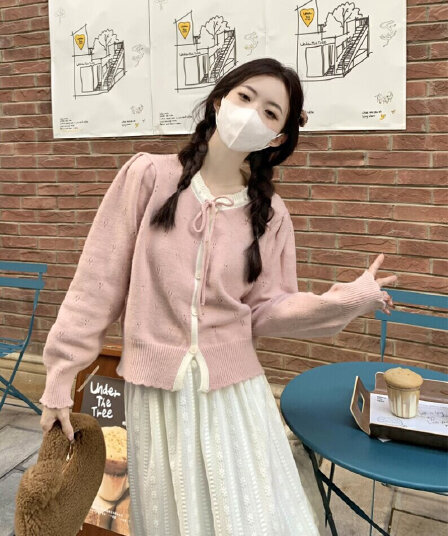 우유 부서 달콤함 부드러운 찹쌀 오픈 가디건 스웨터 여자 봄 가을 학원 스타일 홀로우 아웃 쇼트 스타일 블라우스 작은 키 니트 재킷
