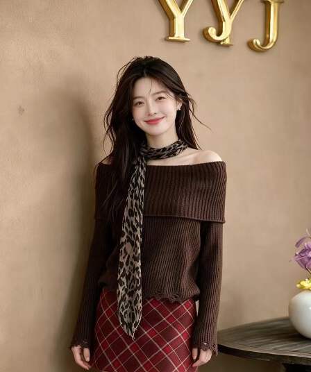 경기 레오파드 무늬 스카프 오프숄더 니트 맨위 여성 찢어진 부분 거친 가장자리 핫걸 오프숄더 가을 긴팔 스웨터