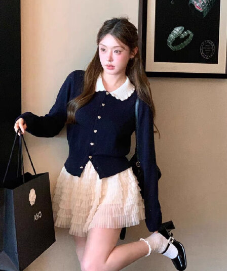 모방 면 니트 베이비 칼라 니트 오픈 가디건 여성 가을 겨울 새로운 꽃잎 디자인 긴팔 인사이드 잡아라. 의류