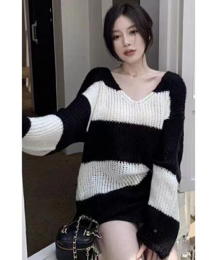 밝은 패치워크 색상 니트 스웨터 중간 길이 V넥 느긋한 바람 스트라이프 배색 찢어진 부분 스웨터 여자