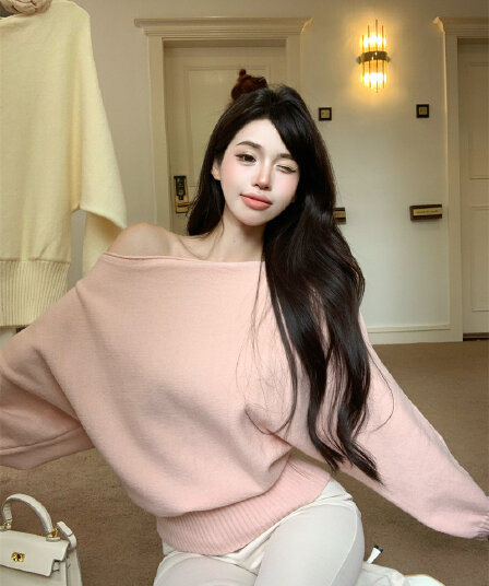 앤디 플러시 워시 물 소녀 센스 보트넥 오프숄더 니트 스웨터 여자 가을 느긋한 순수한 욕망 맨위