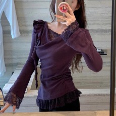 批发<b class='q'>不规则</b>假两件荡领长袖t恤女2025秋季新款修身显瘦蕾丝拼接上衣女