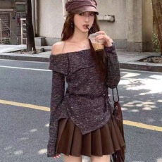 批发一字领针织衫上衣女2025秋季新款气质长袖咖色<b class='q'>不规则</b>t恤上衣