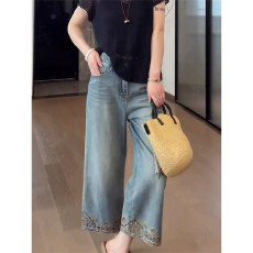 批发大码复古蓝色八分<b class='q'>牛仔裤</b>女夏季薄款胖mm宽松高腰<b class='q'>显瘦</b>直筒阔腿裤子