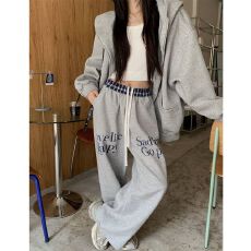 批发好质量美式腰头拼接字母卫裤秋<b class='q'>冬</b>新款宽松抽绳休闲运动阔腿直筒裤