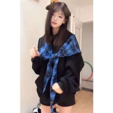 批发美式蝴蝶结格子绑带连帽卫衣女2025秋冬新款设计感慵懒风宽松外套