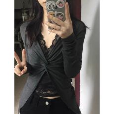 批发韩国chic秋季新款纯欲风假两件长袖T恤女蕾丝拼接纽结打底衫上衣
