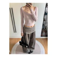 批发美式复古打褶挡胯休闲裤女秋季新款<b class='q'>设计</b>感屁帘拼接弯刀阔腿香蕉裤