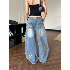 批发<b class='q'>韩国</b>chic美式复古字母星星印花<b class='q'>牛仔裤</b>女新款宽松显瘦阔腿拖地长裤