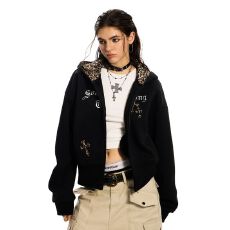 批发韩国chic刺绣复古豹纹拼接连帽开衫<b class='q'>卫衣</b>外套女重磅<b class='q'>短款</b>帽衫外套潮