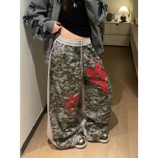 批发韩国chic辣妹星星迷彩拼接休闲裤女直筒街舞宽松直筒阔腿裤男女潮
