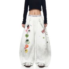 批发韩国chic美式街头风做旧涂鸦印花弯刀休闲卫裤男女设计宽松阔腿裤