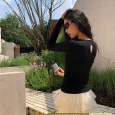 批发韩版人棉磨毛镂空设计磨毛内搭打底衫女秋季修身显瘦百搭长袖上衣