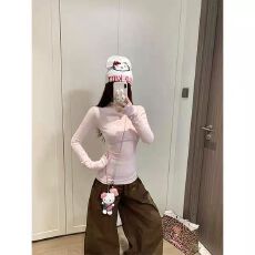 批发秋季新款韩版甜美烫钻猫咪半高领长袖T恤女辣妹显瘦粉色上衣潮
