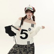 批发韩国chic美式复古条纹撞色一字肩毛衣女秋季宽松显瘦百搭针织上衣