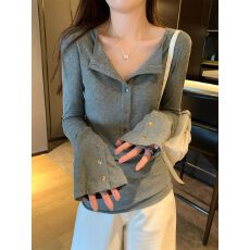 批发纯棉半开领纽扣修身长袖T恤女秋季辣妹设计感百搭显瘦打底上衣潮