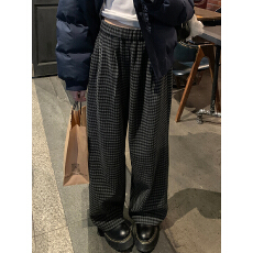 韩国chic慵懒感格子毛呢休闲裤女秋冬加绒加厚高腰显瘦直筒阔腿裤