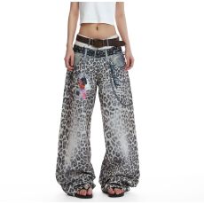 批发<b class='q'>韩国</b>chic美式复古双腰头3D印花豹纹<b class='q'>牛仔裤</b>男女高腰宽松直筒阔腿裤