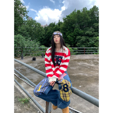 批发<b class='q'>韩国</b>原版格纹刺绣美式格子拼接数字刺绣<b class='q'>牛仔裤</b>女宽松休闲阔腿长裤