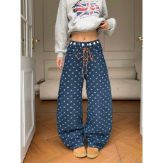 批发<b class='q'>韩国</b>美式辣妹星星满印弯刀绑带刺绣<b class='q'>牛仔裤</b>女设计感宽松显瘦直筒裤