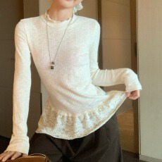 批发韩版木耳边内搭打底衫<b class='q'>t</b><b class='q'>恤</b><b class='q'>女</b>秋冬新款2025蕾丝花边修身长袖上衣潮