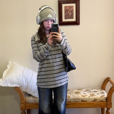 韩版新款秋季新款羊绒条纹长袖t恤女秋宽松韩系慵懒松弛感上衣潮