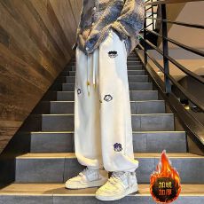 批发加绒款奥粒绒刺绣束脚卫裤男女秋冬新款加绒加厚<b class='q'>韩版</b>直筒长裤潮