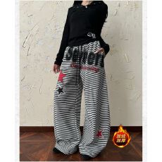 批发韩国chic新款美式字母印花条纹女宽松慵懒垂感加绒阔腿弯刀休闲裤