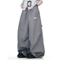 批发韩国chic新款美式字母刺绣条纹西裤休闲裤女宽松街头运动阔腿长裤