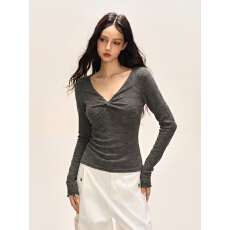 批发新款美式条纹v领<b class='q'>T</b><b class='q'>恤</b>女秋冬扭结设计感打底显瘦修身性感上衣潮