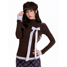 新款蝴蝶结加绒长袖T恤女秋冬修身半高领咖色复古打底衫辣妹上衣