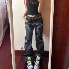 批发韩国chic复古水洗工装牛仔裤男女春秋拼接设计感小众痞帅<b class='q'>小脚裤</b>子