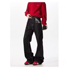 批发韩国chic高街复古牛仔裤男女春秋微喇宽松<b class='q'>休闲</b>设计潮牌vibe长裤潮