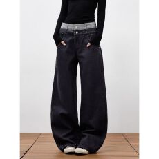 批发韩国chic高街复古双腰头阔腿牛仔裤女春秋新款高腰宽松拖地裤子潮