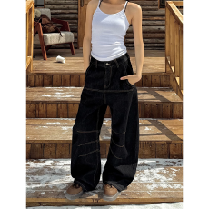 批发韩国chic高街复古阔腿明线设计牛仔裤男女新款美式辣妹弯刀休闲裤