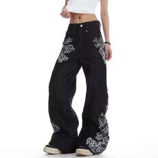 批发韩国chic高街复古潮牌巴鲁米阔腿牛仔裤女春秋新款直筒宽松休闲裤