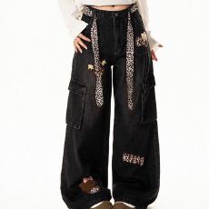 批发韩国chic高街复古潮牌做旧阔腿宽松豹纹女拼接直筒休闲弯刀牛仔裤