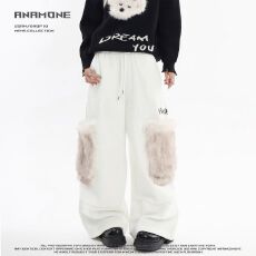 批发韩国chic美式复古卫裤男女春秋新款高腰宽松阔腿裤休闲白色<b class='q'>长裤</b>子