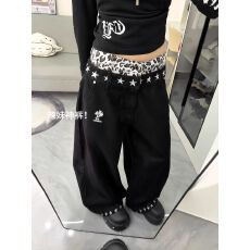 批发韩国chic刺绣撞色巴鲁米腰头牛仔裤子女辣妹星星印花阔腿拖地<b class='q'>长裤</b>