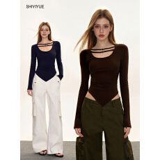 批发春秋新款美式辣妹磨毛u领设计感T恤女修身显瘦内搭打底衫辣妹上衣