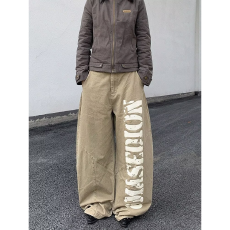 批发韩国chic美式复古辣妹水洗纯棉设计印花工<b class='q'>装</b><b class='q'>裤</b>女<b class='q'>宽松</b>休闲阔腿长<b class='q'>裤</b>